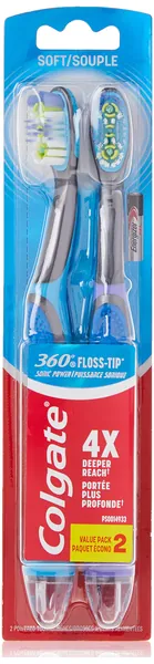 Colgate 360 Sonic Battery Power Electric Toothbrush with Floss-Tip Bristles and Tongue and Cheek Cleaner, Soft - 2 Count (Pack of 1) - 