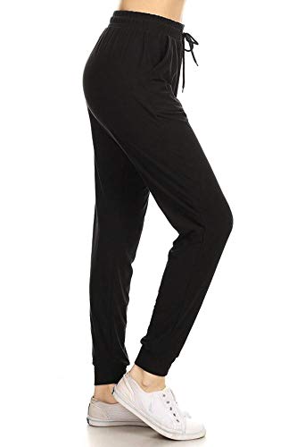 Leggings Depot Women's Printed Solid Activewear Jogger Track Cuff Sweatpants - Black - Medium