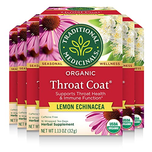 Traditional Medicinals Tea, Organic Throat Coat Lemon Echinacea, Supports Throat Health & Immune Fuction, 96 Tea Bags (6 Pack) - Lemon Echinacea - 16 Count (Pack of 6)
