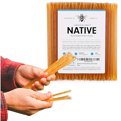Homestead Honey Native Honey Sticks For Tea, Honey Packets Single Serve Stir Sticks, Honey Straws (Honey Sticks Bulk, 50 count) - 50 Count (Pack of 1)