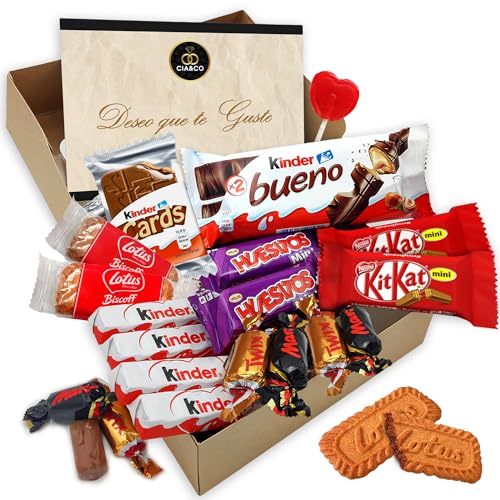 Cajita Regalo Original con 17 Chocolates Kinder Bueno, Kinder Cards, Twix, Mars, Kit Kat, Huesitos, Galleta Lotus Biscoff y Mucho Más · Con Tarjeta Personalizada - KINDER
