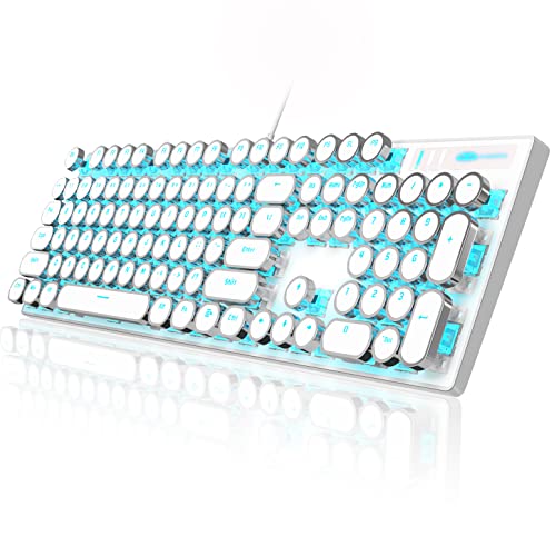 Camiysn Typewriter Style Mechanical Gaming Keyboard, White Retro Punk Gaming Keyboard with Blue Backlit, 104 Keys Blue Switch Wired Cute Keyboard, Round Keycaps for Windows/Mac/PC - white(round keycaps)