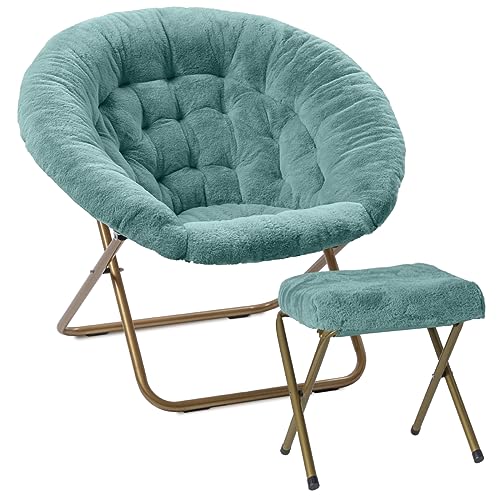 Milliard Cozy Chair with Footrest Ottoman/Faux Fur Saucer Chair for Bedroom/X-Large (Blue) - Blue + Footrest