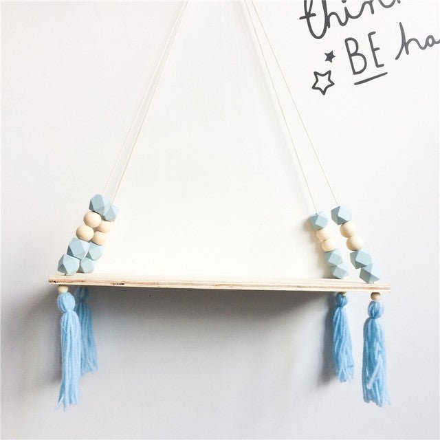 Beaded Hanging Wooden Shelf - Light Blue