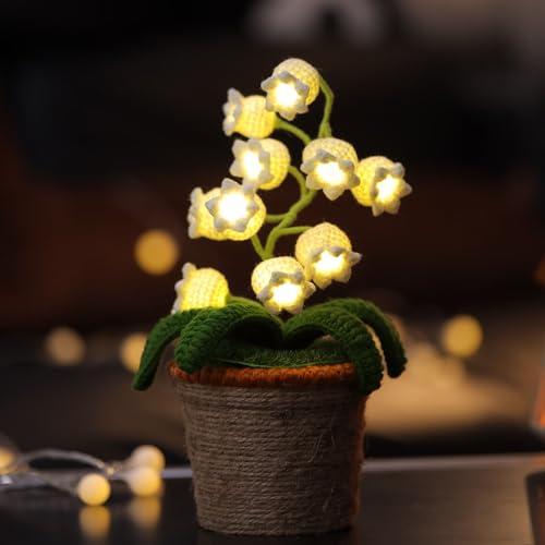 Lily of Valley Lamp, Crochet Artificial Flowers with Night Lights Fake Lily of Valley Included Pots - for Gift, Birthday, Ideas for Valentine's Day Mother's Day, Desk Home Decorations (L, Warm Lamp) - youth large / 11-13 - Warm Lamp