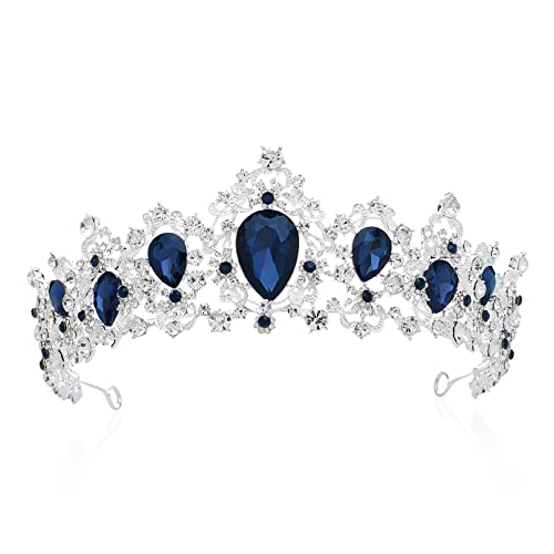 SWEETV Royal CZ Crystal Tiara for Women, Blue Wedding Crown for Brides, Princess Headpieces Bridal Hair Accessories for Birthday Party Pageant, Sapphire+Silver,Eleanor - Sapphire+Silver