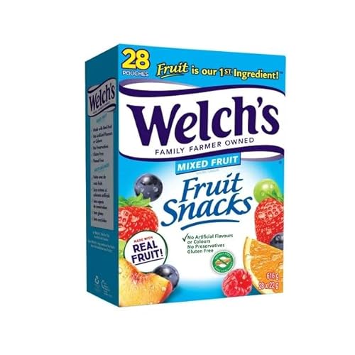 Mixed Fruit Gummy Snack Bundle. Includes (1) Box of Welch's Mixed Fruit Gummy Snacks (616g - 28 total pouches) with BIG MAPLE Trivia Cards to Enjoy While Snacking at Home School Office or with Friends Family – Peanut Free, Made with Real Fruit, Gluten Free