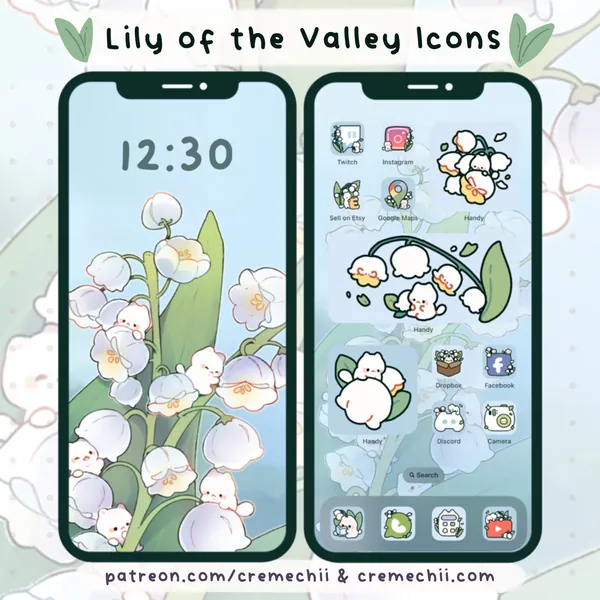 Lily of the Valley Kitty App Icon Set | Kawaii Aesthetic Theme for Android IOS Tablet & Desktop