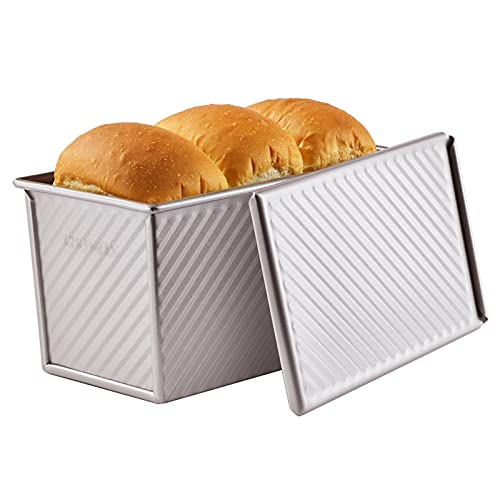 CHEFMADE Pullman Loaf Pan with Lid, 0.99Lb Dough Capacity Non-Stick Rectangle Corrugated Toast Box for Oven Baking 4.2" x 7.7"x 4.4"(Champagne Gold) - 02 - 1Lb Dough-Cap. Corrugated