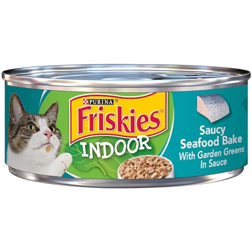 Purina Friskies Indoor Wet Cat Food, Indoor Meaty Bits Saucy Seafood Bake in Sauce - (Pack of 24) 5.5 oz. Cans