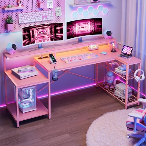 Bestier 71.5 inch Gaming Desk with Power Outlet, Large LED Computer Desk with Monitor Stand, L Shaped Desk with Storage Shelf, Cup Holder & Headset Hooks, Corner Gamer Desk for Bedroom Pink - Pink