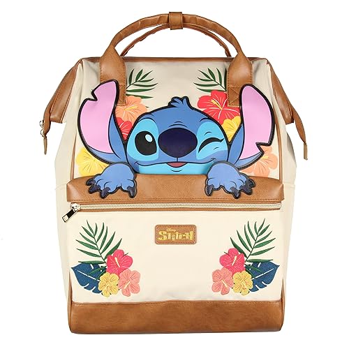 Disney Lilo And Stitch Backpack 3D Character Embroidered Floral Design Faux Leather Travel Tote Bag