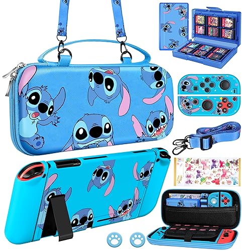 Xinocy for Nintendo Switch 9 in 1 Storage Accessories Kit with Travel Carrying Case+Switch Protective Cover+Game Case Holder+Strap+Sticker+2 Joycon Shells+2 Thumb Caps Cute for Boys Kids Girls -Stit - 1Blue Stit