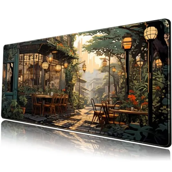 Nostalgic Peaceful Coffee Shop Desk Mat Retro Art Large Gaming Mouse Pad Anime Mousepad Extended XL Green Plants Aesthetic Desk Pad Laptop Keyboard Mouse Mat 31.5"x11.8" Cute Desk Decor