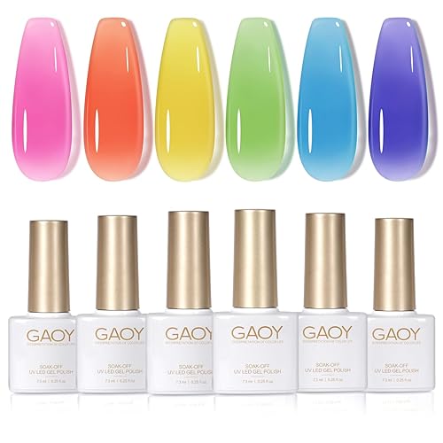 GAOY Jelly Gel Nail Polish Set, 6 Transparent Colors Sheer Neon Green Pink Soak Off UV Light Cure Gel Polish Kit for Salon and Nail Art DIY at Home - Rainbow Candy