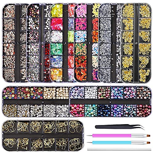 Artdone 9 boxes Nail Rhinestones,Nail Gems Nail Diamonds,Nail Art Studs Nail Crystals Nail Sequins for Nails Kit with 1 Tweezers and 3 Pen for Nail Art Supplies Accessories… - 9boxes