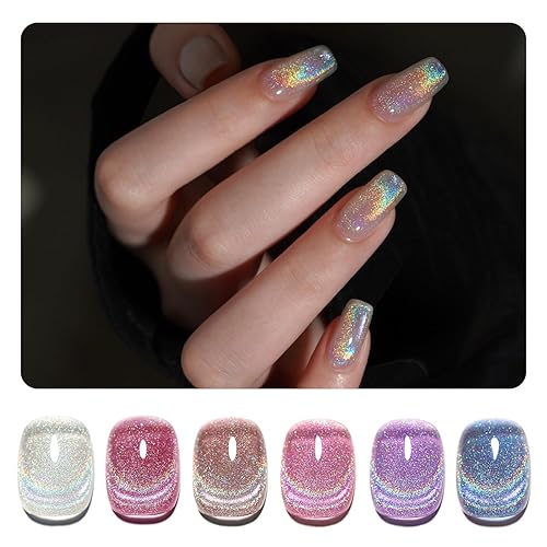 GAOY Rainbow Glitter Cat Eye Gel Nail Polish Set, 6 Holographic Sparkle Colors Gel Nail Kit for Nail Art DIY Manicure and Pedicure at Home - Rainbow Cat Eye