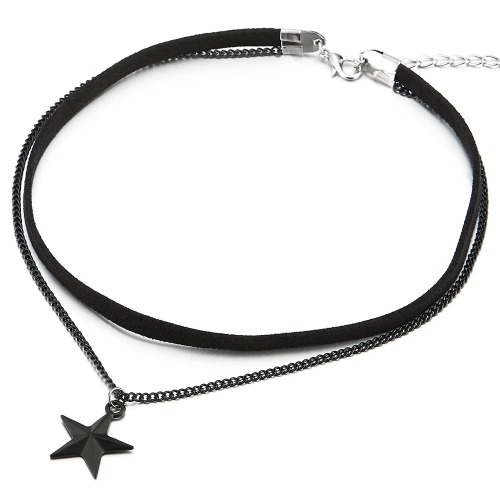COOLSTEELANDBEYOND Ladies Womens Two-Rows Black Choker Necklace with Black Chain and Pentagram Star Charm Pendant(CA)