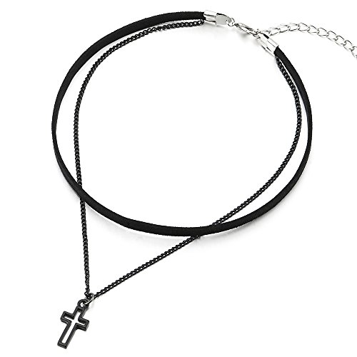 COOLSTEELANDBEYOND Ladies Womens Two-Rows Black Choker Necklace with Black Chain and Cross Charm Pendant(CA)