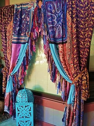 EthinicCraftHub® 2 PCS Indian Silk Saree Curtain Window Treatments Boho Gypsy Hippy Bohemian Wall Hanging Hippy Room Decor Curtain