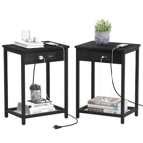 Nightstand with Charging Station Set of 2 Side End Table with USB Ports and Power Outlets 2-Tier Bedside Table for Bedroom Living Room, Modern Black