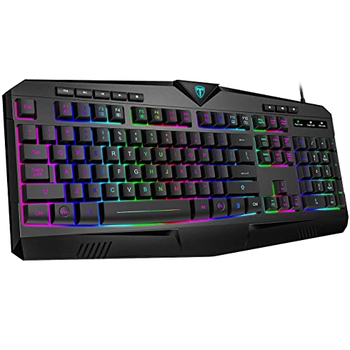 Dacoity Gaming Keyboard, Full Size RGB Backlit Quiet Computer Keyboard, Wrist Rest, Silent Keys, Multimedia Keys, Anti-ghosting, Waterproof Light Up USB Wired Keyboard for PC Mac Xbox Gamer Office - Black