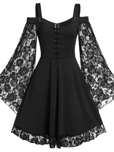 Elegant Lace Up Off The Shoulder Long Bell Sleeve Tight Waist Skater Dress