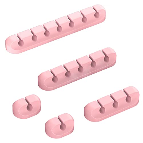 Pink Desk Accessories Cable Organizer - Pink Cord Holder for Desk, 5 Packs (7-5-3-1-1 Slots) Cable Clips for Cord Management This Cute Desk Accessories Cleans Up Messy Wires at Home, Car and Office - Pink