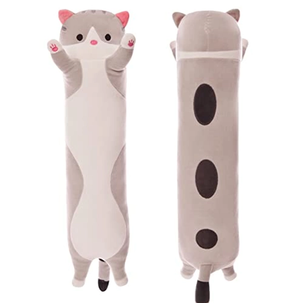 Long Cat Plush Pillow, Cat Stuffed Animals Body Pillow Long Throw Sleeping Pillow Kitten Plush Hugging Pillow Toy for Kids (Gray, 19.68 inch)