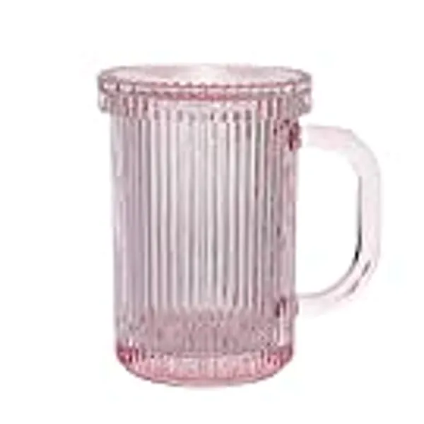 Lysenn Pink Glass Coffee Mug - Classic Vertical Stripes Tea Mug - Elegant Coffee Cup with Glass Lid for Latte, Espresso - Lovely Gift for Christmas, Anniversary and Birthday - 11 oz