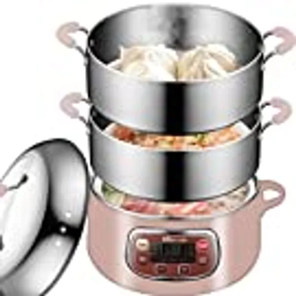 Bear Electric Multifunctional Food Steamer, One Touch Digital Steamer with Timer, Vegetable Steamer 2 Tiered Stackable Stainless Steel Baskets, Auto Shut-off & Anti-dry Protection, 1200W Fast Heating, 8.5Quart, Pink