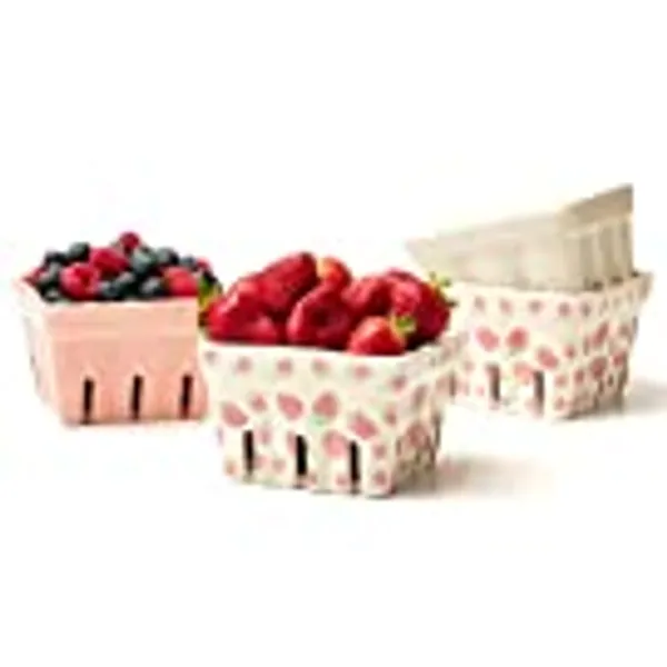 Farmhouse Ceramic Berry Basket, Colander, Strawberry Decor, Fruit Bowls, Fruit Baskets, Kawaii Strawberry Kitchen bowl, Pink White and Cute Strawberry pattern Stoneware Harvest Square Bowls Set of 4