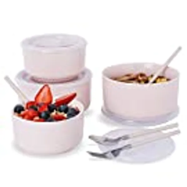 Adewnest Ceramic Bowls with Lids: 5 + 6 in Porcelain Bowls Set with Spoons & Forks - Food Storage Containers for Lunch/Picnic - Microwave Oven Safe Bowl - Large & Small Serving Bowl Set of 4 (Pink)