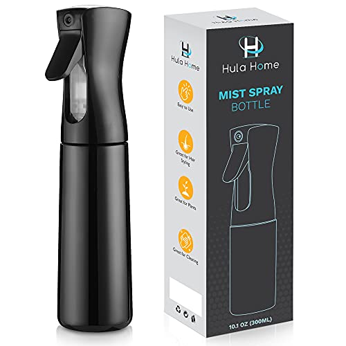 Hula Home Continuous Spray Bottle for Hair (10.1oz/300ml) Mist Empty Ultra Fine Plastic Water Sprayer – For Hairstyling, Cleaning, Salons, Plants, Essential Oil Scents & More - Black - 10.1oz/300ml - Black