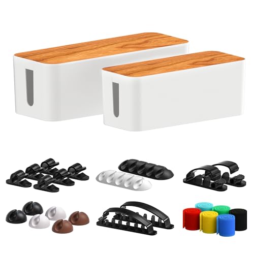 Cable Management Box 2 Pack with 16 Cable Clips Set-Large & Medium & Small Wooden Style Cable Organizer Box to Hide Wires&Power Strips | Cord Organizer Box | Cable Organizer for Home & Office [White] - White