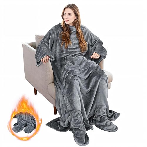 Solaris Wearable Blanket with Sleeves and Foot Pocket for Women Men, Super Snuggy Soft Cozy Fleece TV Body Throw Blanket for Lounge Office Home Sofa, Gray - Gray