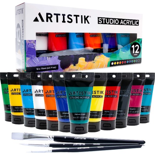 Studio Acrylic Paints - 12 x 75ml Acrylic Paint Tube Set with 3 Brushes - Premium Student Quality Highly-Pigmented Colours Non-Toxic for Canvas, Paper, Wood and More