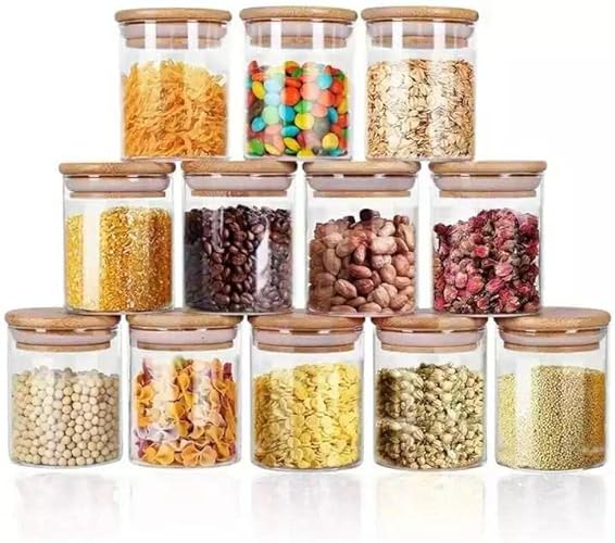12 Set of 9OZ Glass Spice Jars with Bamboo Airtight Lids and Labels, Food Cereal Storage Spice Containers for Home Kitchen Tea Herbs Coffee Flour Herbs Grains