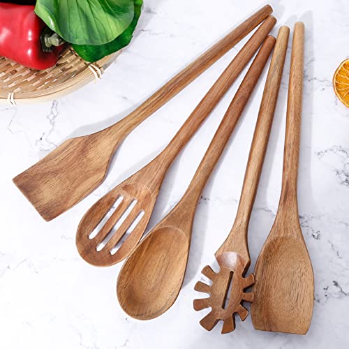 Exquisite Wooden Cooking Utensils For Kitchen, Set Of 5, 12 Inch Acacia Wood Kitchenware Tool Set, Cooking Gadgets Includes Spoon, Spoon Spatula, Spaghetti Spoon, Slotted Spoon, Shovel - Acacia Spoon Set of 5