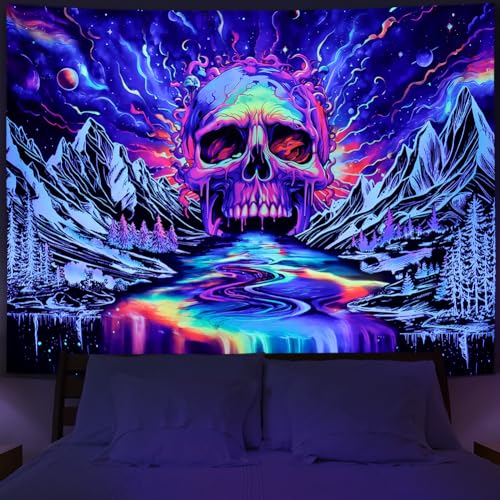 Lahasbja Blacklight Skull Tapestry UV Reactive Trippy Skeleton Tapestry Starry Galaxy Planet Tapestry Magic Neon River Through Mountain Wall Hanging Aesthetic Forest Trees Tapestry for Living Room - 51.20" × 59.10" - Rainbow Skull