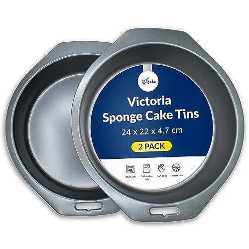 ebake Victoria Sponge Cake Tins - 2 Packs of 8 Inch Cake Tin - Non-Stick Round Cake Tin For Baking Cake, Pies, and Pudding - Black Carbon Fixed Base Cake Tin with Handle and Easy to Clean