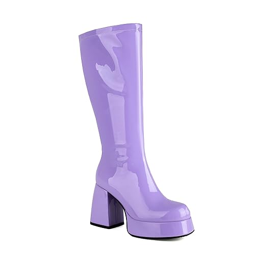 OAOKUSI Knee High Boots for Women - Gogo Boots for Women with Platform Chunky Heel Side Zipper Square Toe Large Size Tall Boots - 9 - Purple
