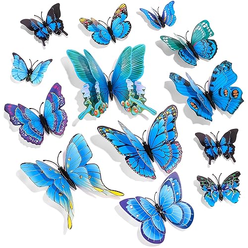 SAOROPEB 3D Butterfly Wall Decor, 24 Pcs Double Layer Butterfly Decorations for Party Decorations Locker Decor Refrigerator Decal, Reusable (Blue) - Blue - 24