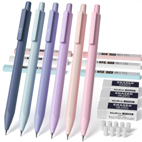 Nicpro 6PCS Pastel Mechanical Pencil Set, Cute Mechanical Pencils 0.5 & 0.7 mm with 6 Tubes HB Lead Refill, 3PCS Eraser and 9PCS Eraser Refill for Student Writing, Drawing, Sketching- with Cute Case - 