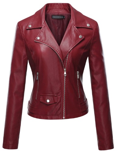 Tanming Women's Faux Leather Moto Biker Short Coat Jacket - A Wine Red Medium