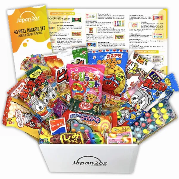 Japanese Candy Box Assortment & English Pamphlet 40 Dagashi Snacks & Sweets, Gum, Gummies, Ramune