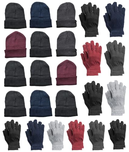Yacht & Smith Winter Beanies Wholesale Bulk Cold Weather Unisex Hat - 24 Bright Pack: 12 Hats + 12 Gloves Adult