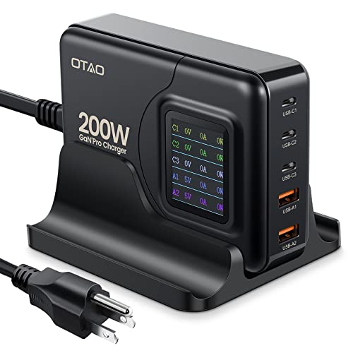 200W USB C Charger, OTAO Desktop 5-Port GaN Charger with LCD Display, PD 3.0 100W/QC 3.0 22.5W/PPS 45W Fast Charging Station with AC Adapter for MacBook Pro/Air,iPad,iPhone,Samsung