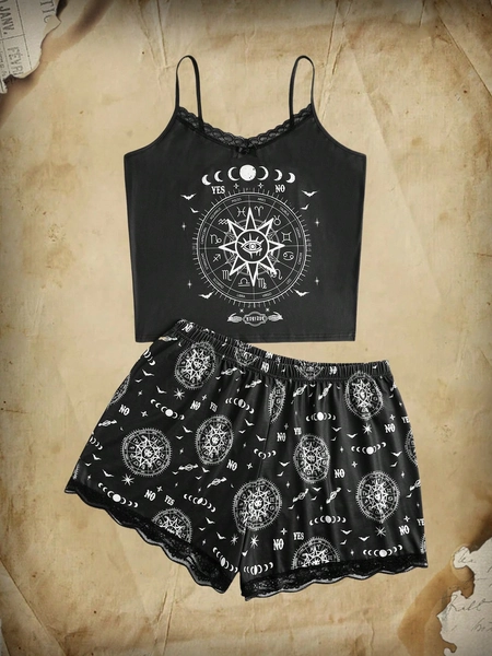 Academia Plus Sun & Moon Print Contrast Lace PJ Set
