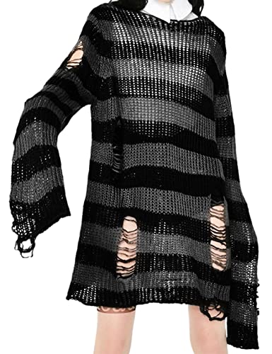 Zhiyouni Punk Gothic Sweater for Women Men Hollow Out Loose Knit Pullover Tops - Medium - Grey